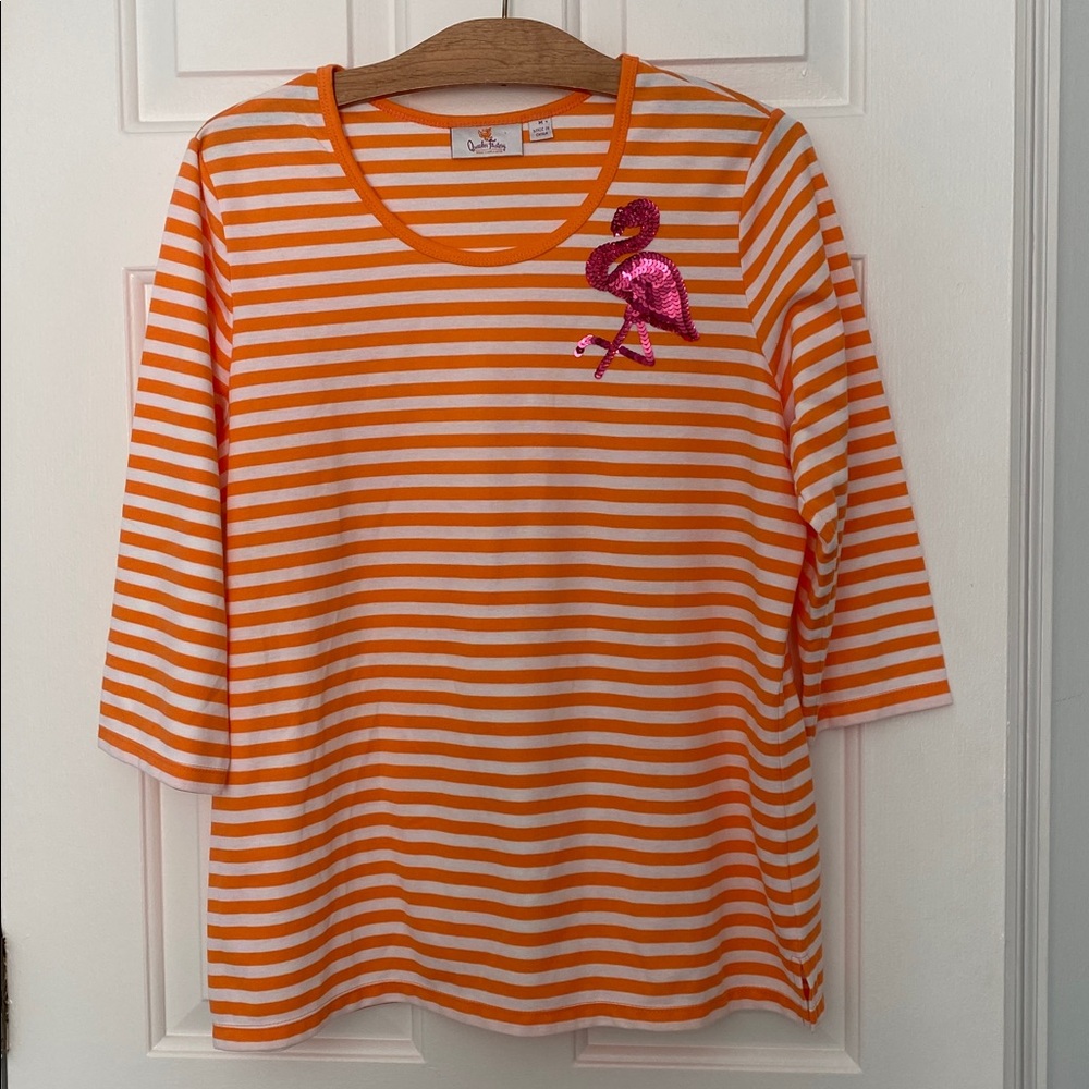 Quacker Factory Orange White Striped Pink Sequin Flamingo 3/4 Sleeve Top M